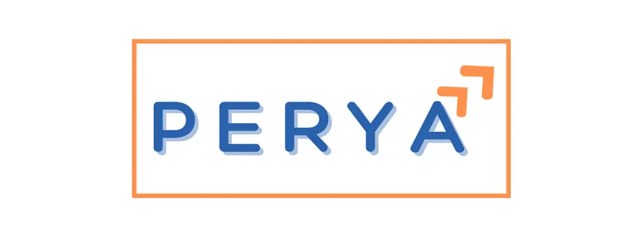 Perya Limited Logo. The image displays the word "PERYA" in bold blue letters, framed by an orange rectangle. Two upward arrows in orange are located to the right of the text, symbolizing progress or growth. The overall design conveys a sense of modernity and dynamism.
