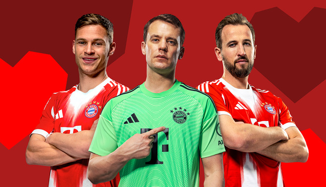 Three football players from Bayern Munich are standing together. The player on the left has short dark hair and is wearing a red and white striped jersey. The central player, a goalkeeper, is in a green jersey. The player on the right has a beard and is also in a red and white jersey.
