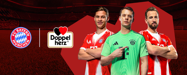 Three FC Bayern Munich soccer players are featured, wearing their red and white jerseys. One player is a goalkeeper in a green kit, pointing, while the others stand beside him. The image also includes the club’s logo and a logo for "Doppelherz." The background suggests a stadium atmosphere.